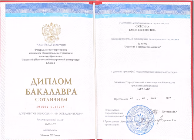 Диплом бакалавра КФУ Юлии Сюрсиной по направлению «Экология и природопользование»