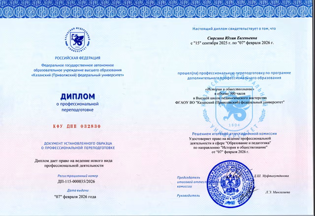 Диплом КФУ Юлии Сюрсиной о профессиональной подготовке «Преподаватель истории и обществознания»